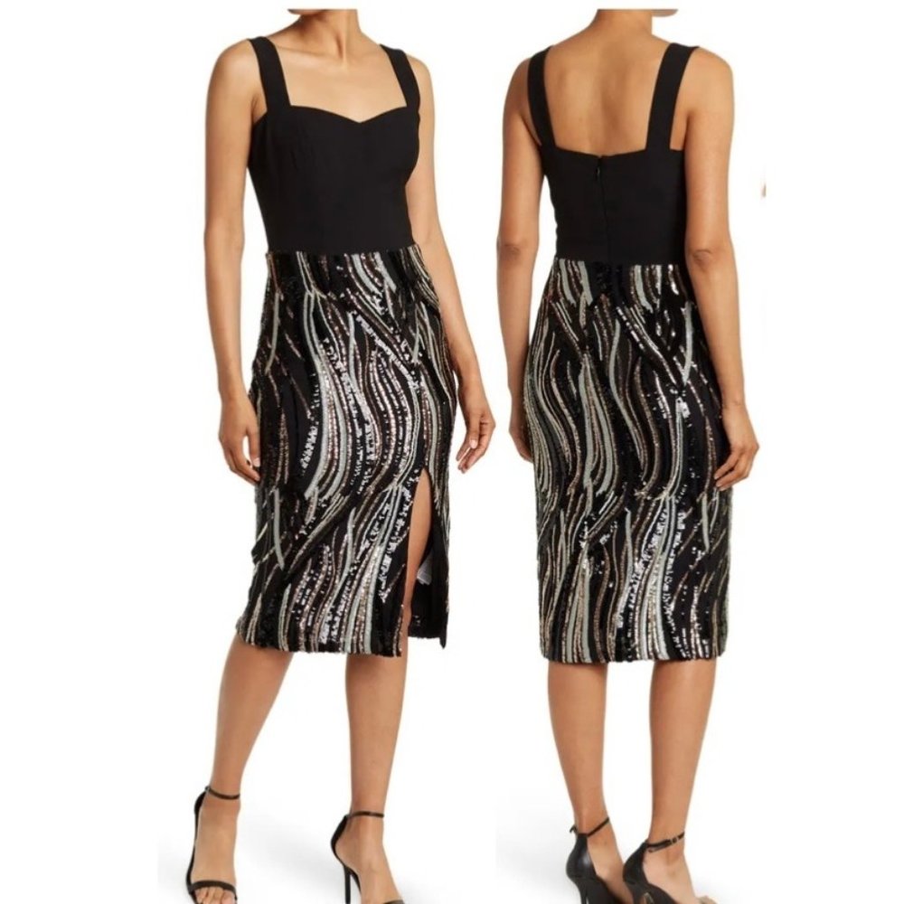 Dress the Population Black Sequin Sweetheart Neck Dress New XS